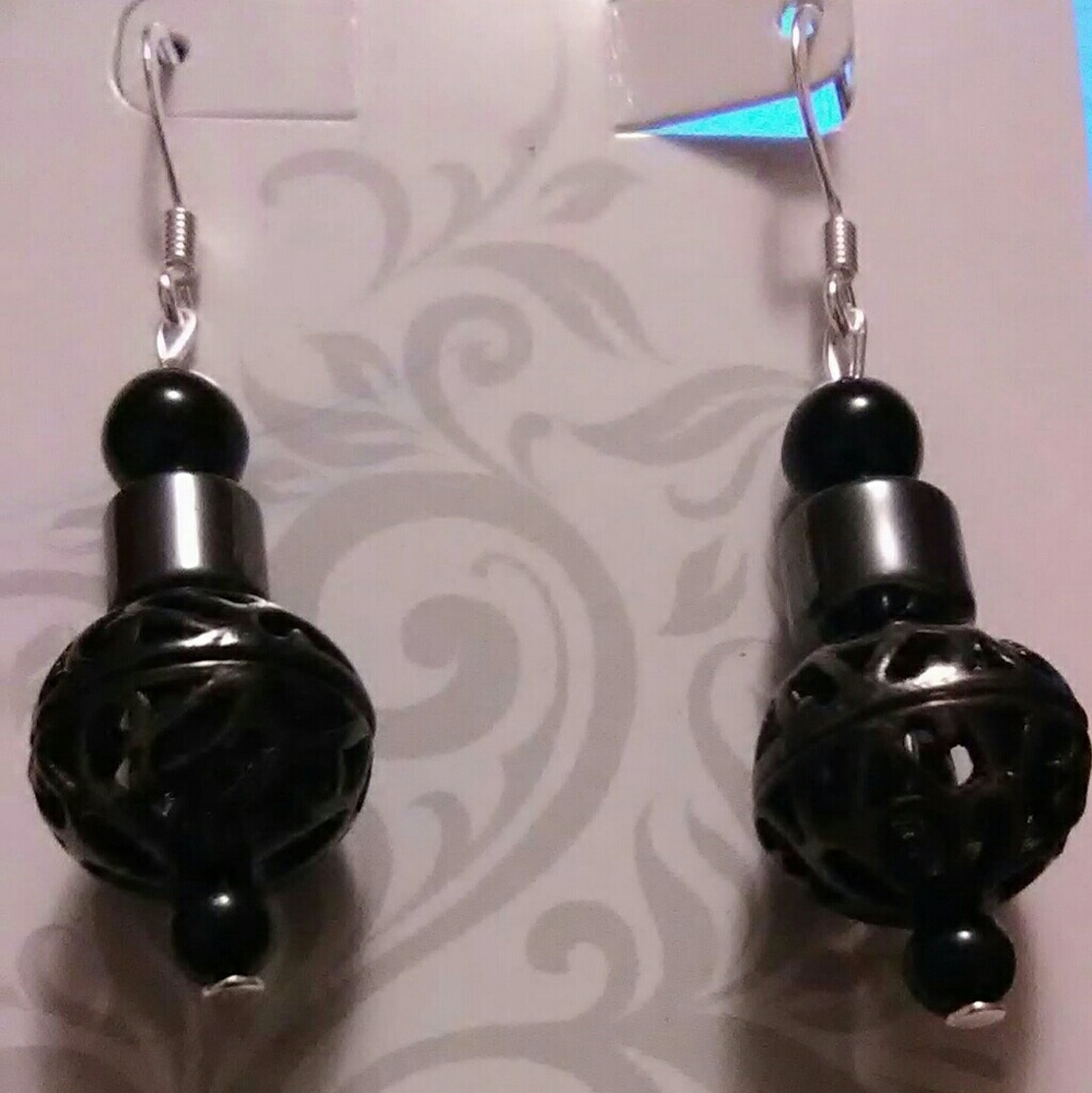 Designed Black Metal Bead Earrings